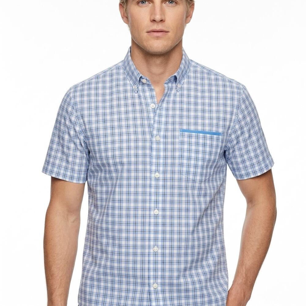 Elie Tahari Blue Plaid Short Sleeve Button-Up Shirt Men See Measurements